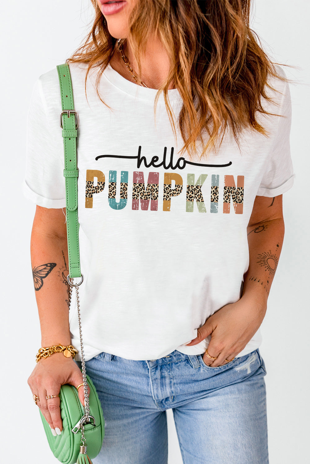 White Hello Pumpkin Halloween Crewneck Graphic T Shirt