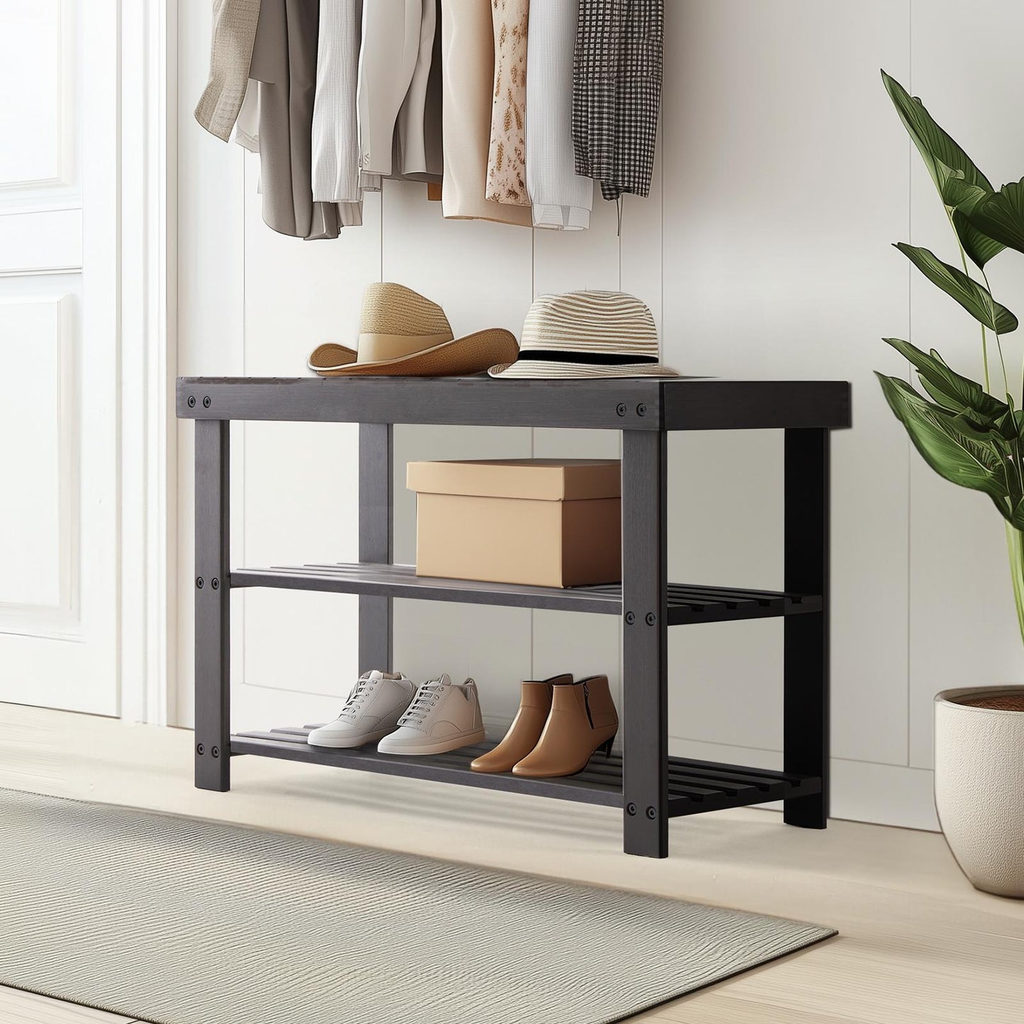 Brown 3-Tier Bamboo Shoe Rack Bench