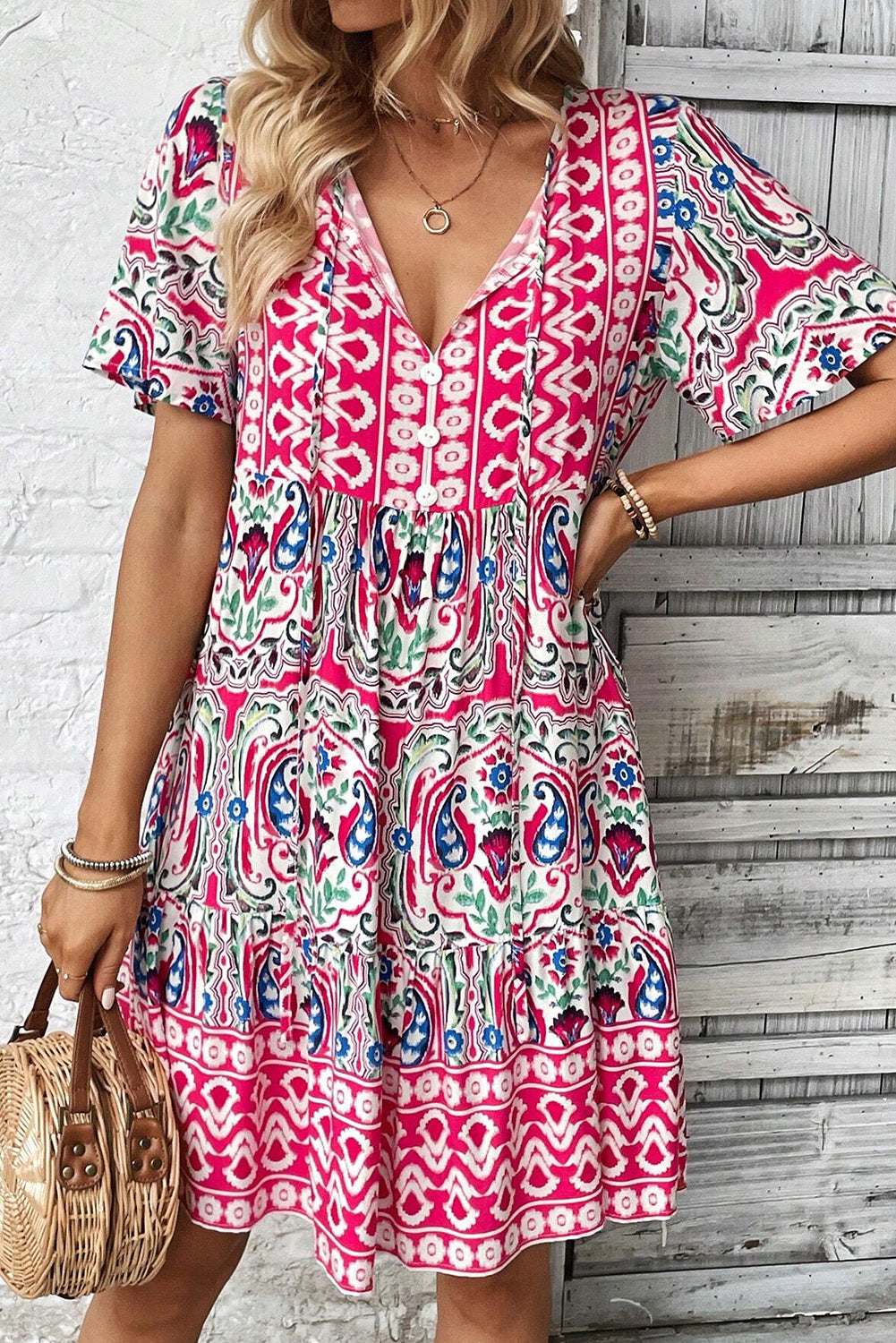 Pink Bohemian Tie Neck Flounce Sleeve Ruffle Hem Mini Dress