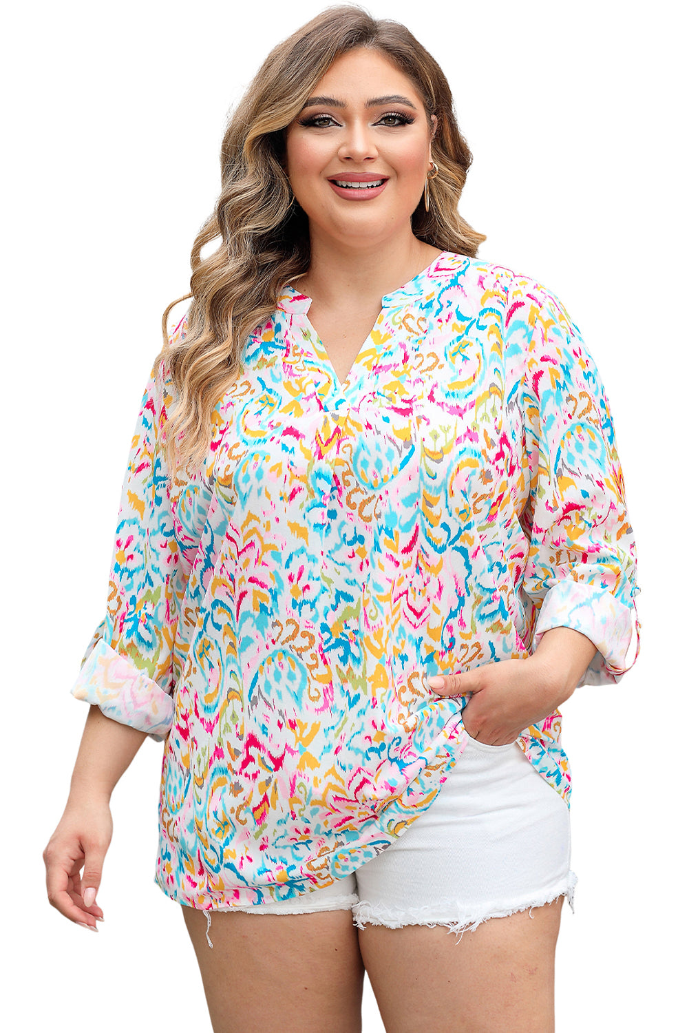 Blusa con cuello en V con muescas y estampado geométrico de talla grande multicolor