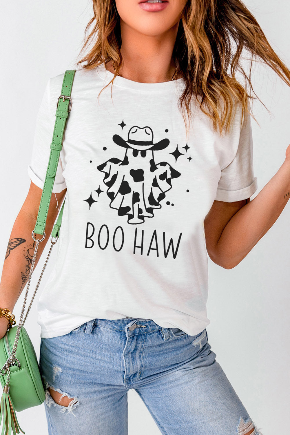 White Halloween BOO HAW Crew Neck Graphic Tee