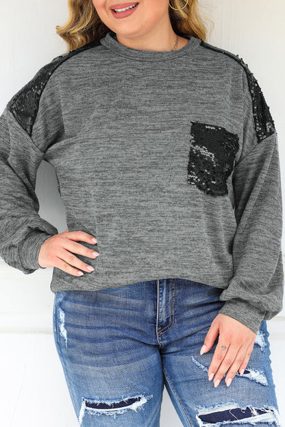 Top de talla grande de manga larga con patchwork de lentejuelas gris