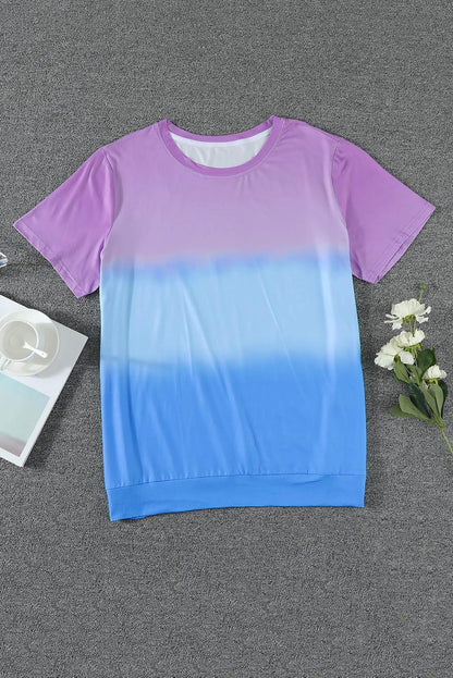 Camiseta informal de talla grande con bloques de color teñido anudado y cuello redondo morado