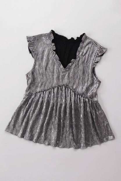 Black Frilled V Neck Metallic Crinkle Sleeveless Blouse