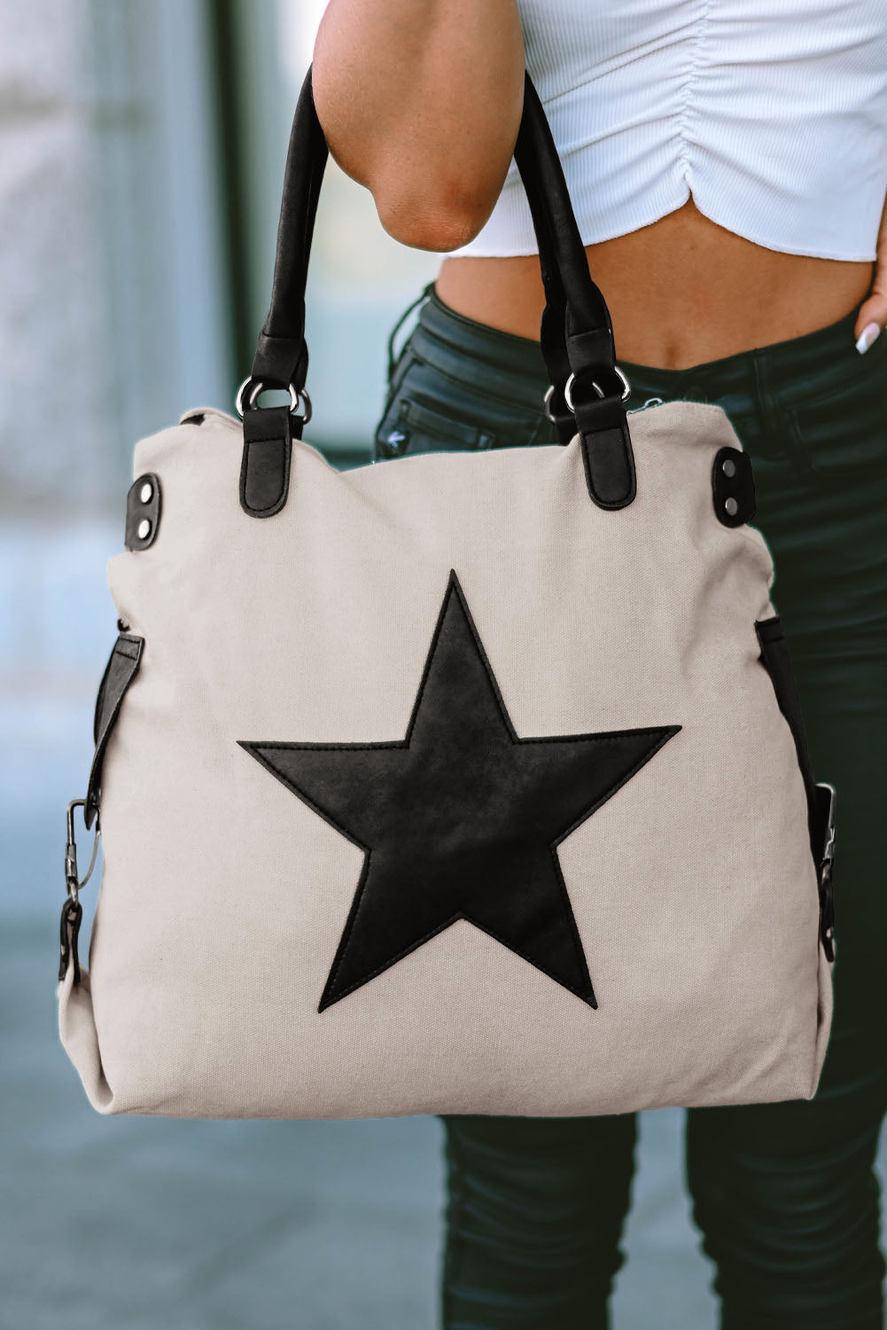 Beige Star Canvas Tote Bag