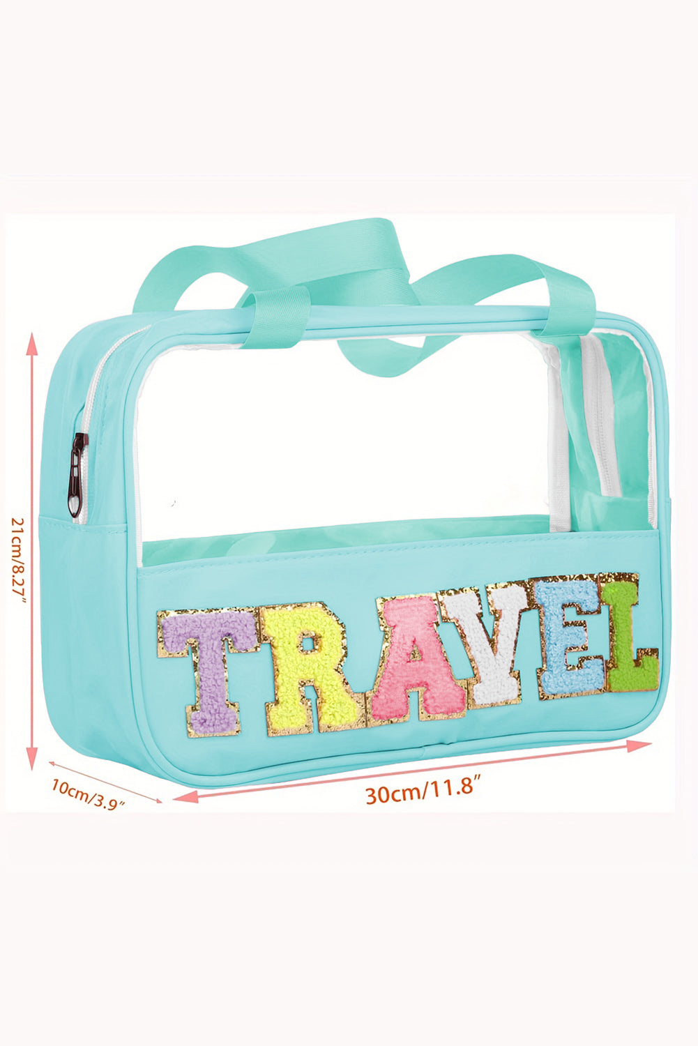 Bolsa de maquillaje de PVC transparente con letras de chenilla de TRAVEL negra