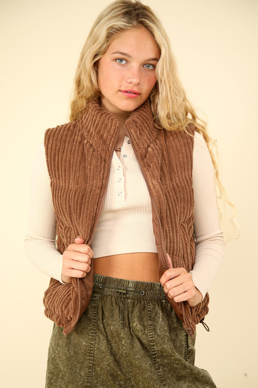 Chocolate Zip Up Padded Corduroy Puffer Vest