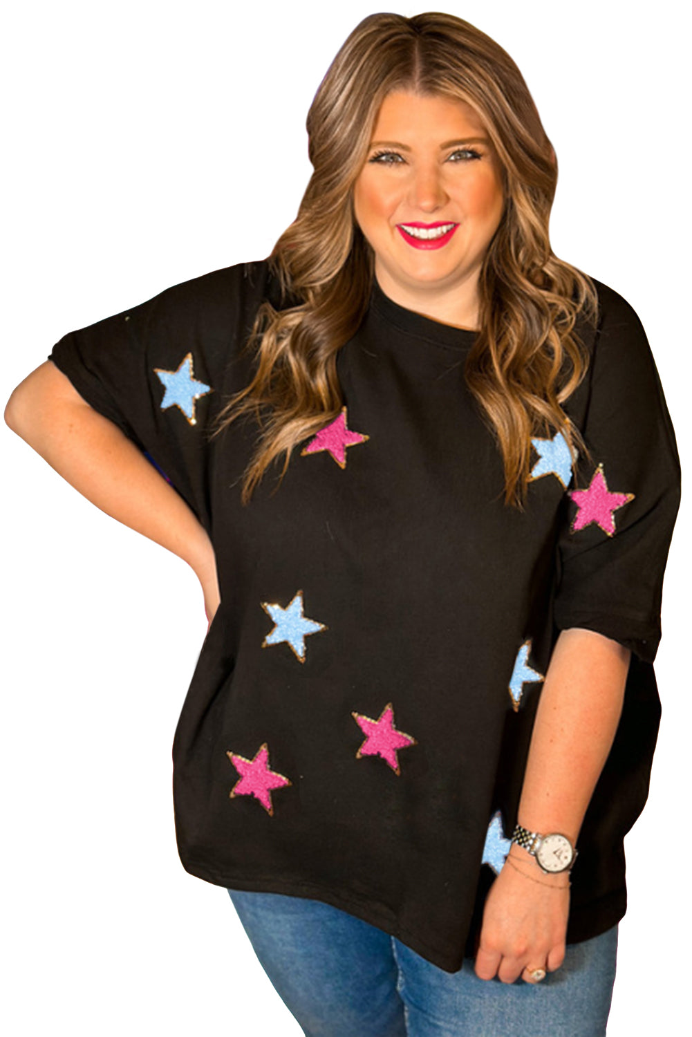 Camiseta de talla grande con estampado de estrellas de chenilla y lentejuelas negras