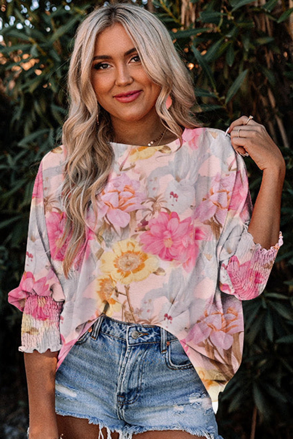 Pink Shirred Cuffs 3/4 Sleeve Loose Fit Floral Blouse