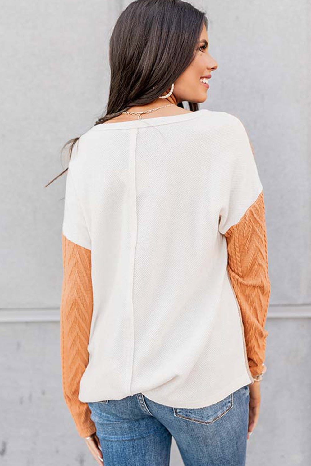 Long Sleeve Colorblock Chest Pocket Textured Knit Top