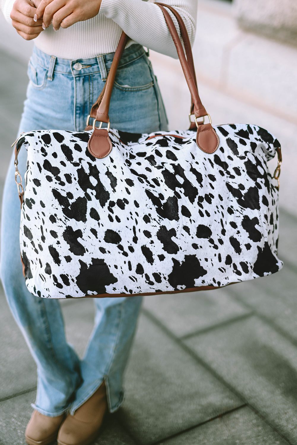 Bolso Tote De Piel Con Estampado De Lunares De Animales Blanco