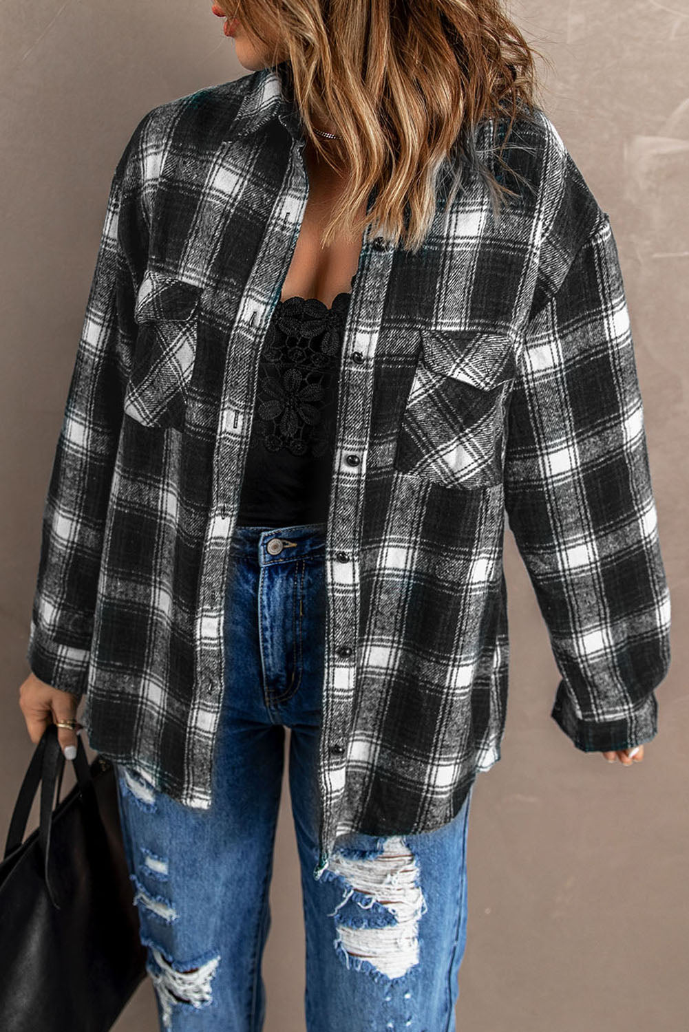 Button Up Collared Flannel Shirt Shacket with Flap Pockets