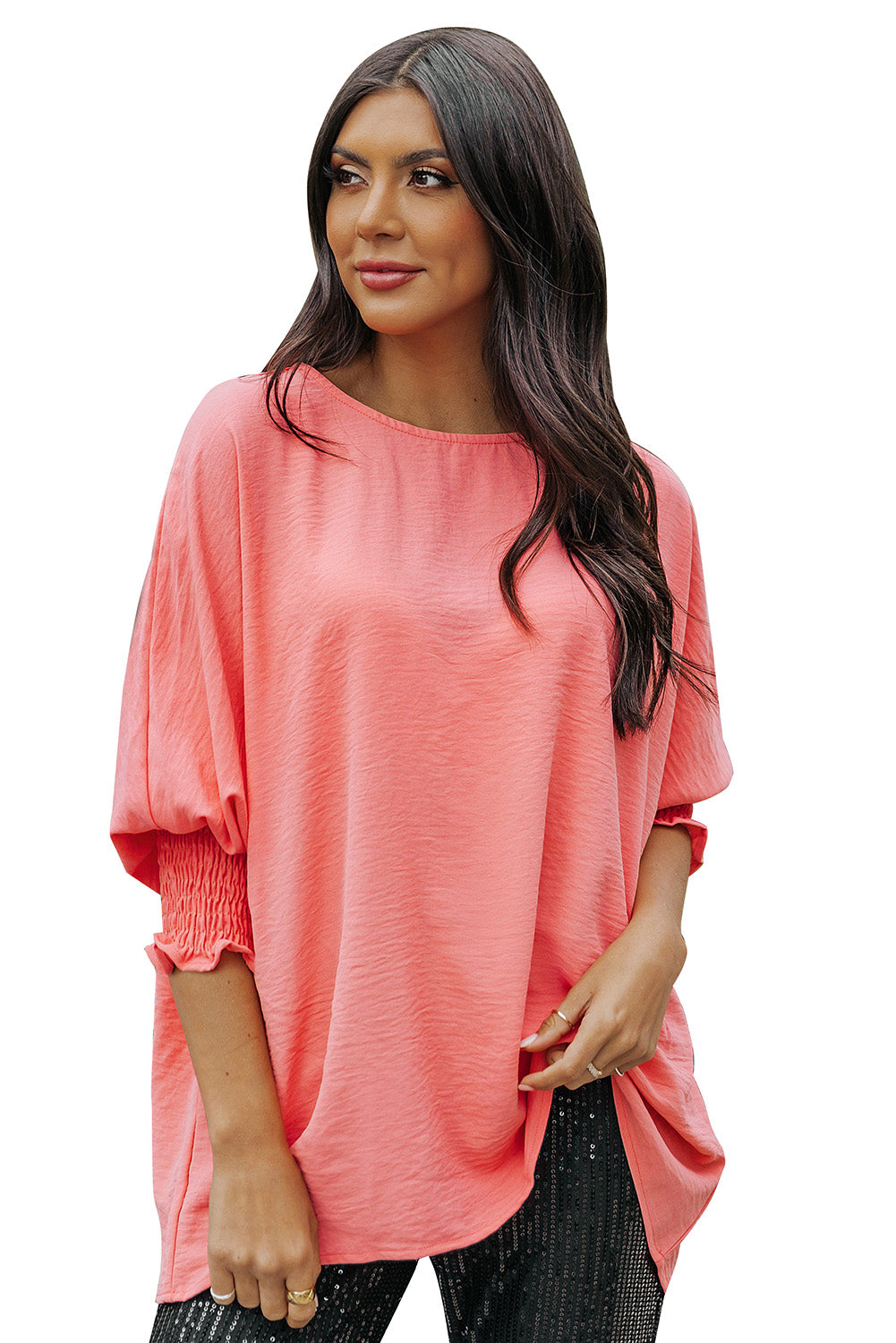 Apricot Solid Casual Smocked Cuffs Batwing Sleeve Blouse