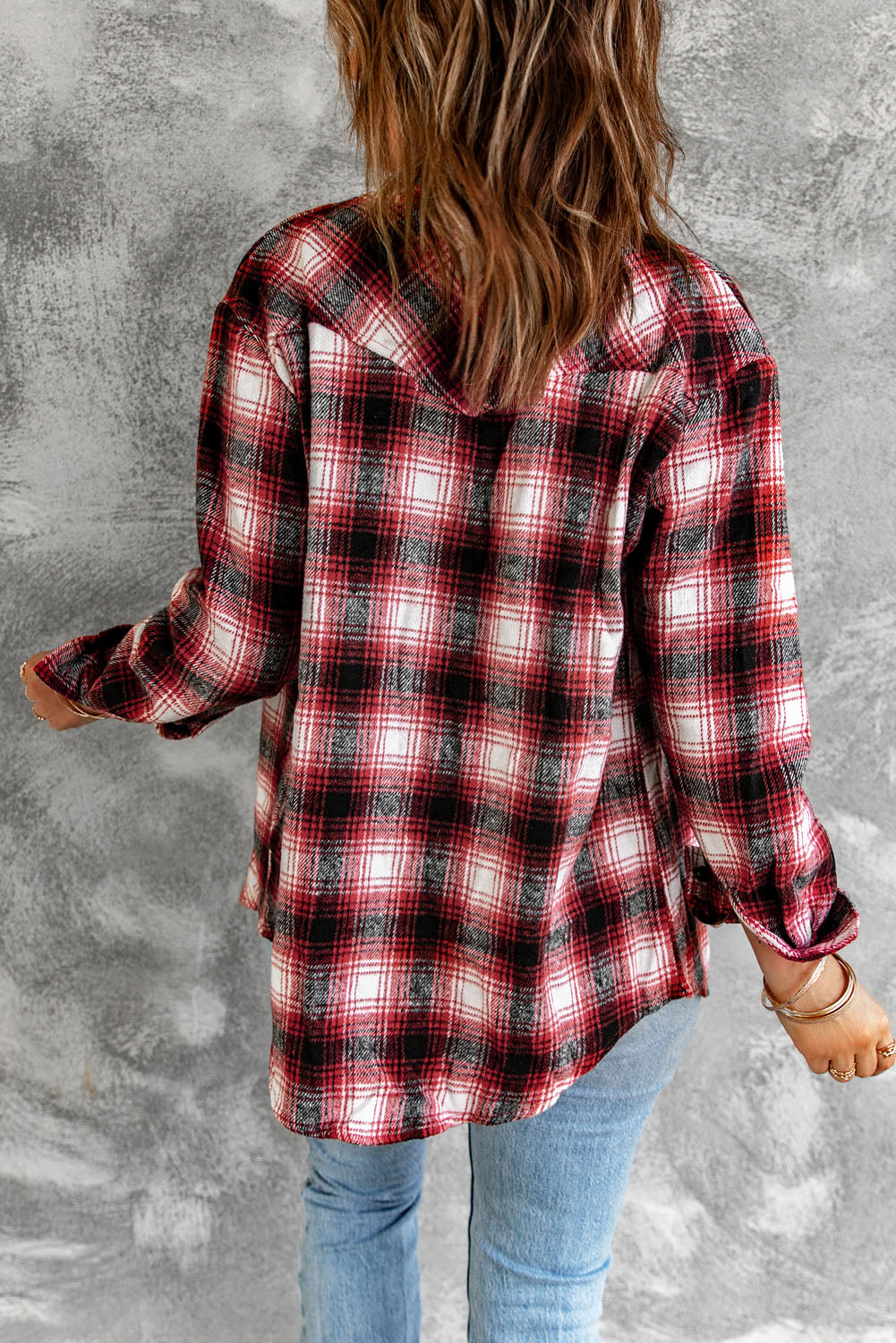 Button Up Collared Flannel Shirt Shacket with Flap Pockets