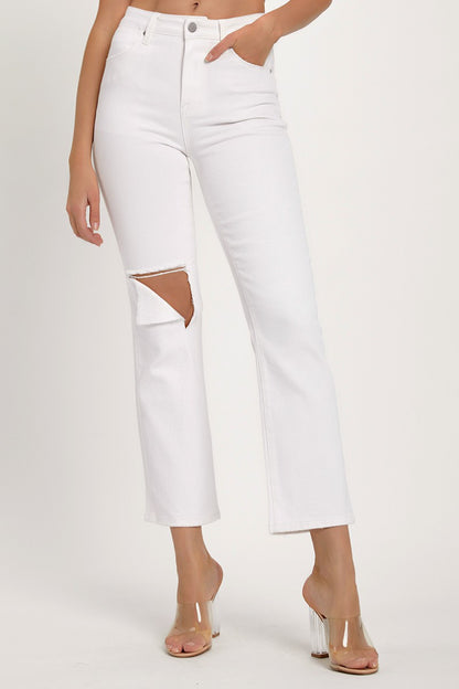 White Distressed Cropped Straight Jeans