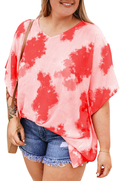 Top tipo túnica de manga 3/4 con estampado tie-dye de talla grande rojo