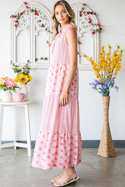 Pink Abstract Sleeveless V Neck Summer Tiered Dress