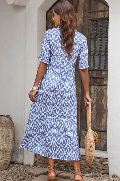 Sky Blue Geometric Print Casual V Neck Maxi Dress