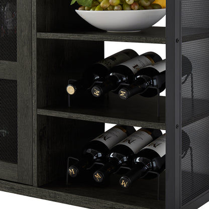 Black Gray Industrial Wine Bar Cabinet w/ Wine Racks & Stemware Holder