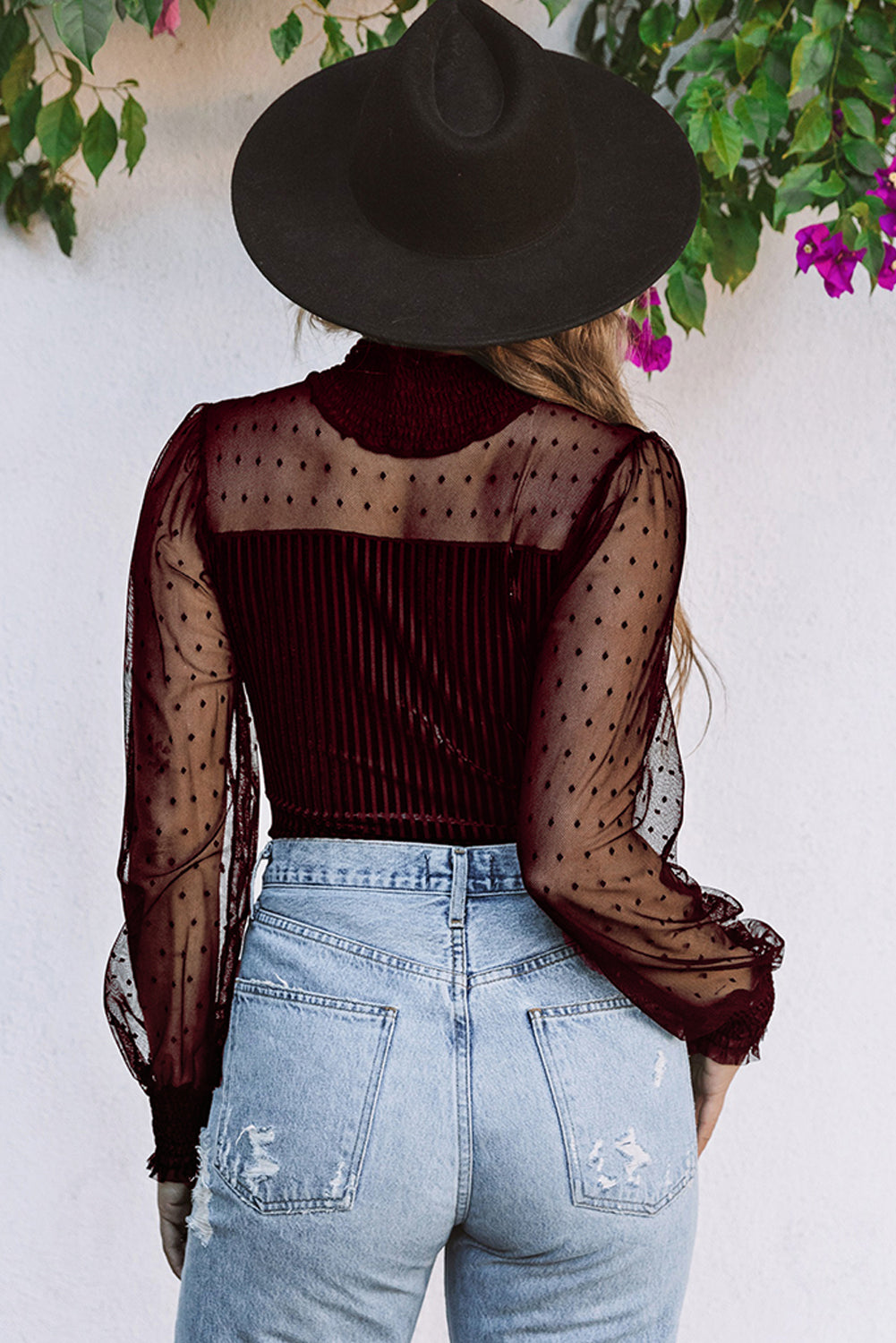 Sheer Dotty Puff Sleeve Ribbed Velvet Bodysuit