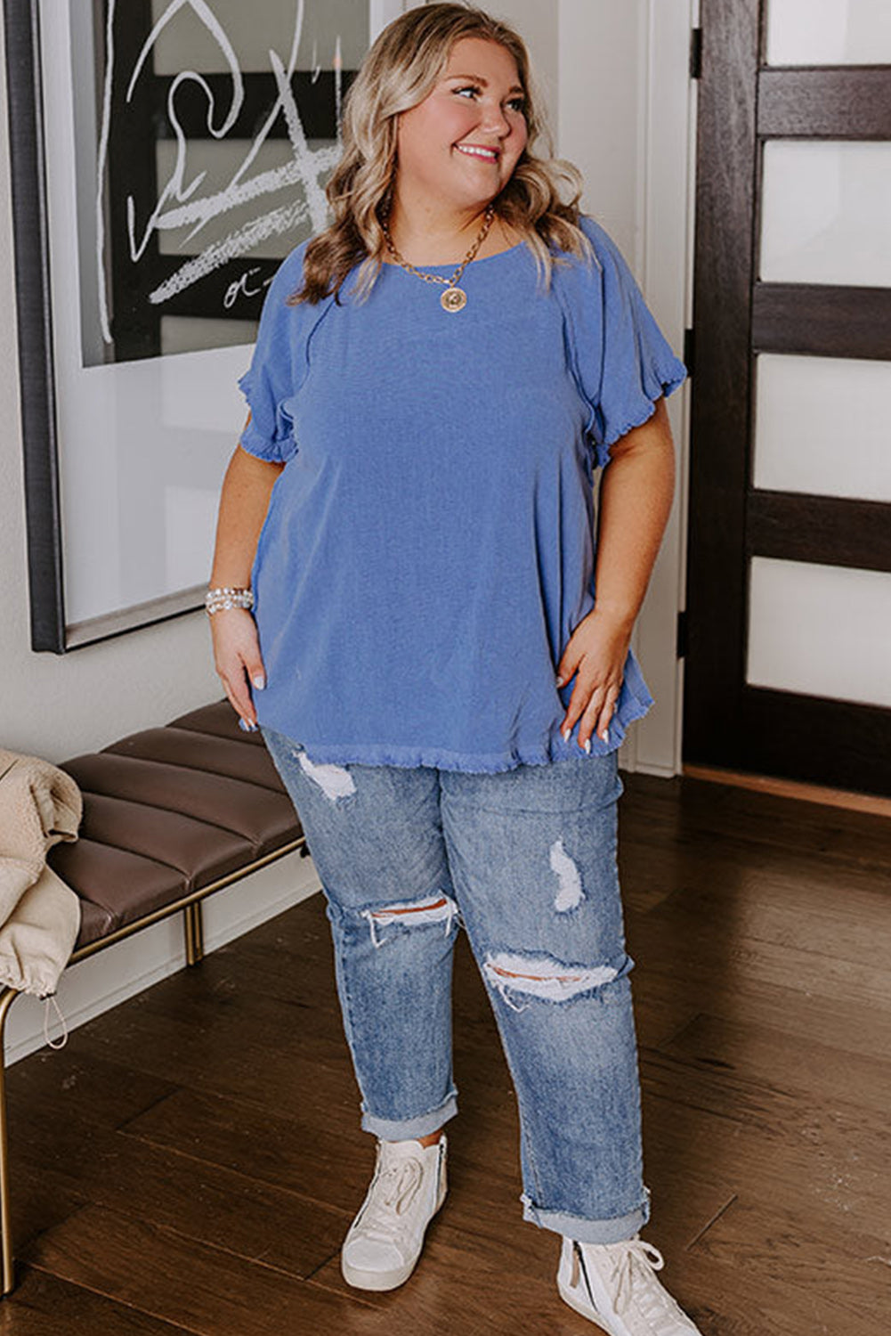 Blue Plus Size Short Sleeve Top