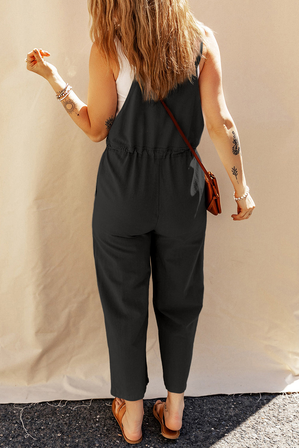 Black Drawstring Buttoned Straps Cropped Overalls