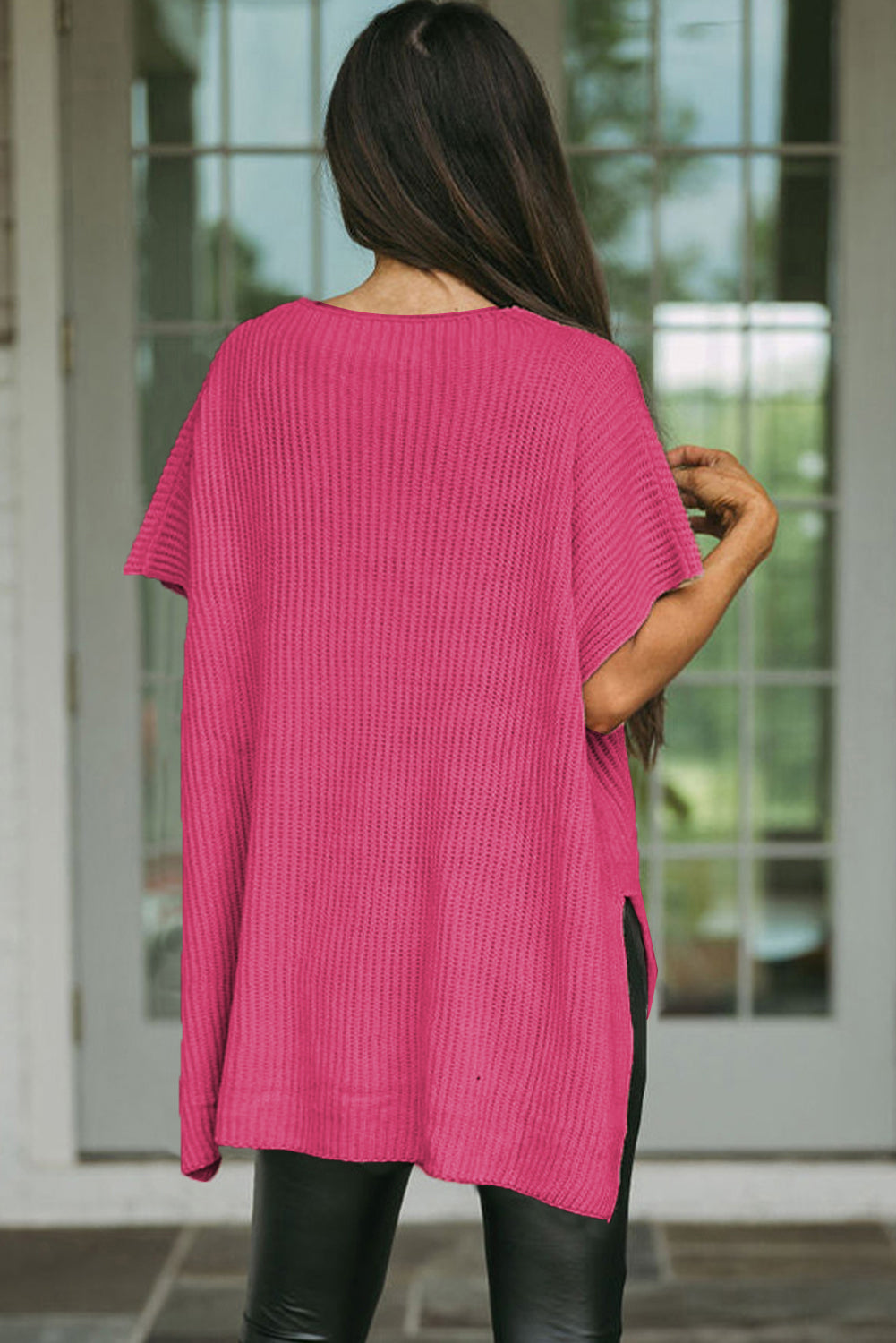 Rose Red Side Slit Short Sleeve Oversized Sweater