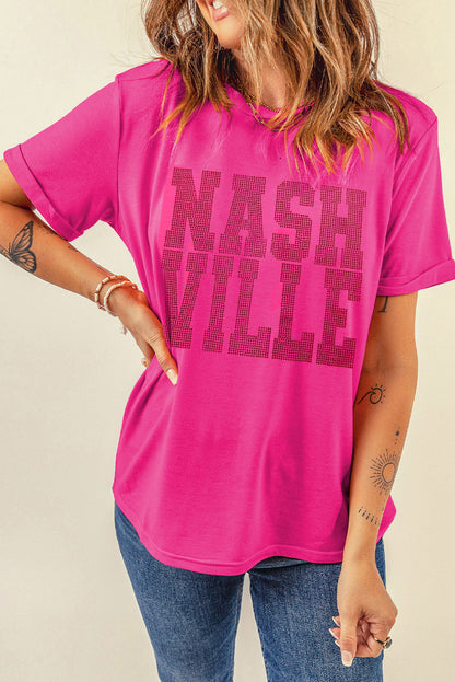 Camiseta con cuello redondo y gráfico NASHVILLE con diamantes de imitación en rojo rosa