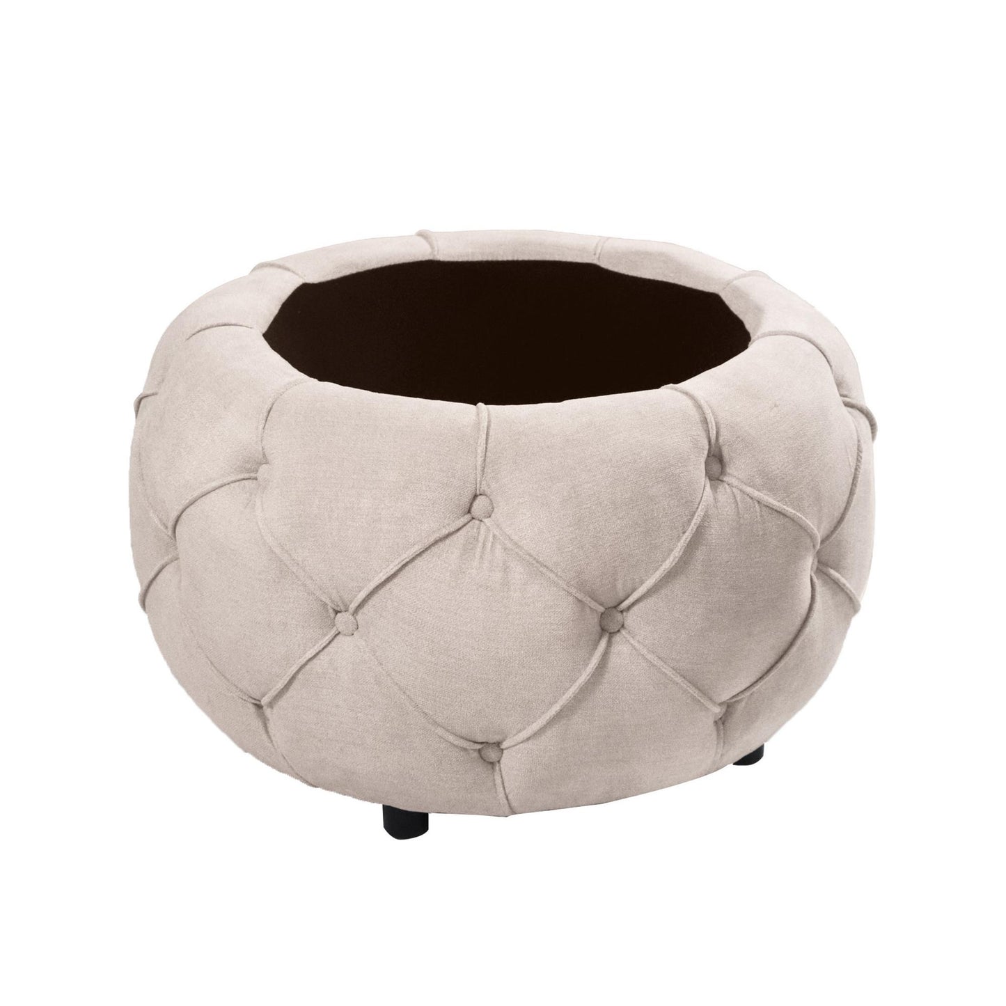 Beige Large Button Tufted Woven Round Storage Footstool