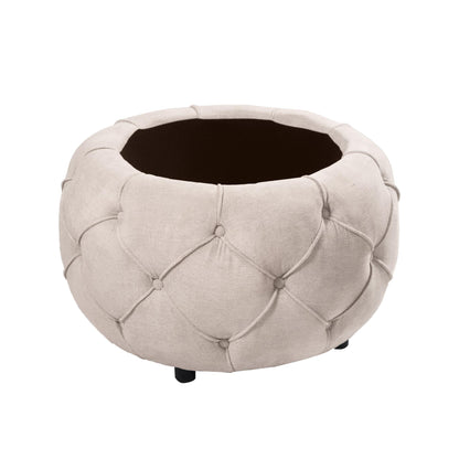 Beige Large Button Tufted Woven Round Storage Footstool