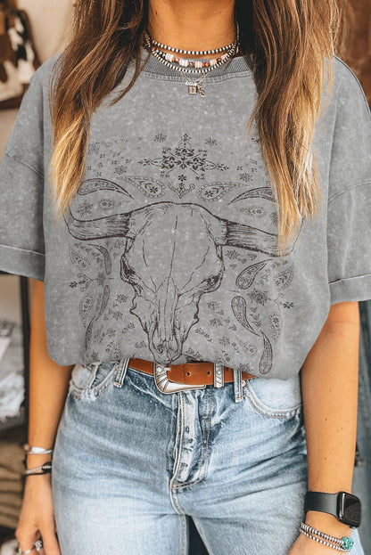 Light Grey Western Steer Head Tie Dye Print Crew Neck T Shirt