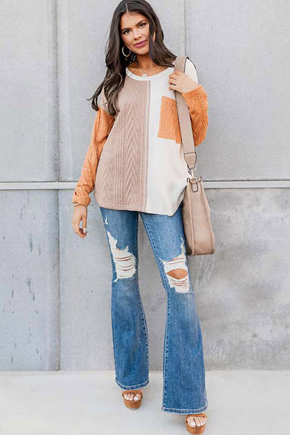 Long Sleeve Colorblock Chest Pocket Textured Knit Top