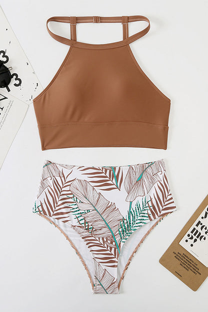 Brown Tropical Print Back Split Color Block High Waisted Swimsuit