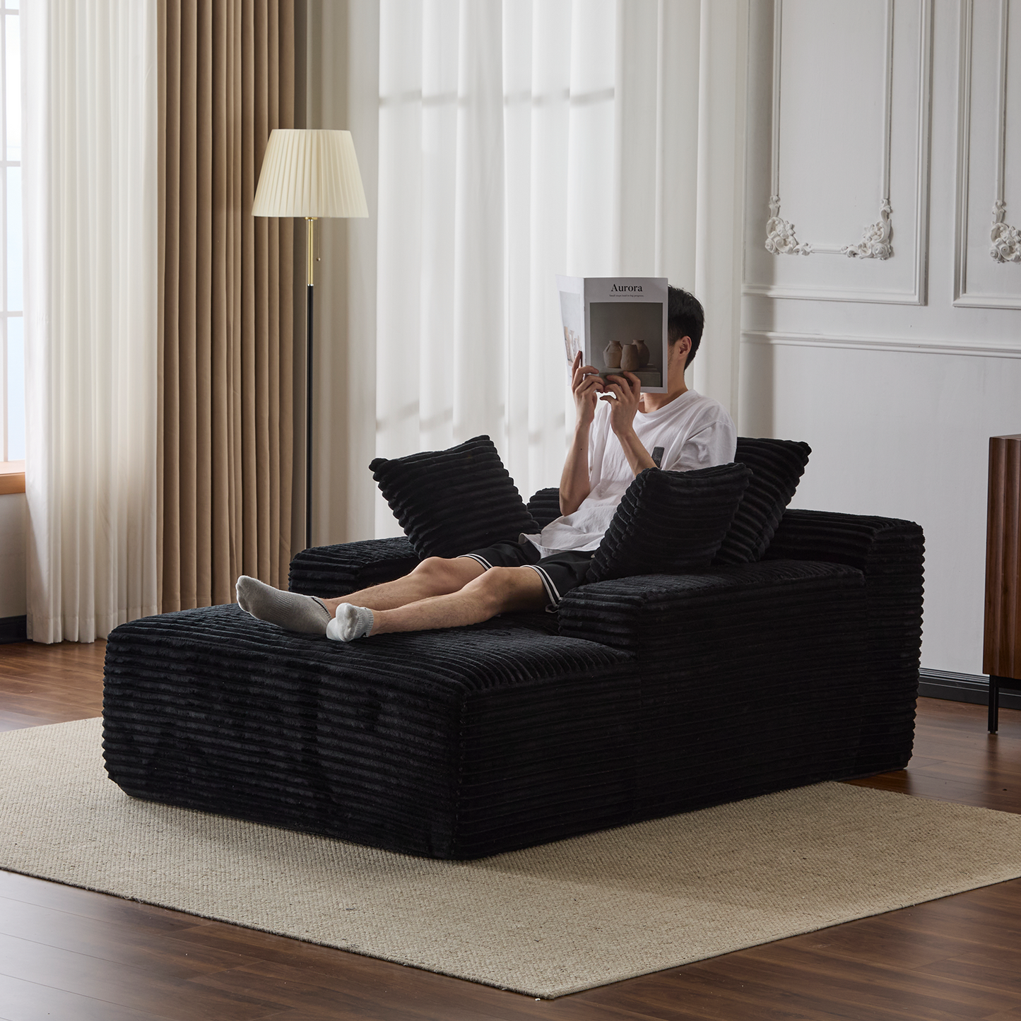 Black Corduroy Plush Oversized Chaise Lounge Chair