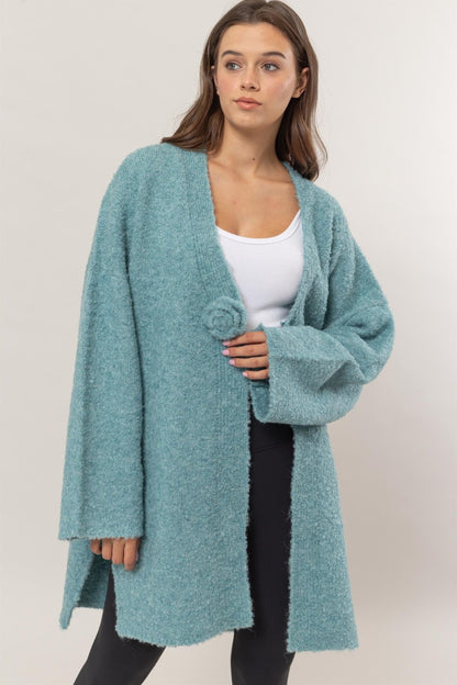 Ocean Blue Front Rosette Longline Slit Sweater Cardigan