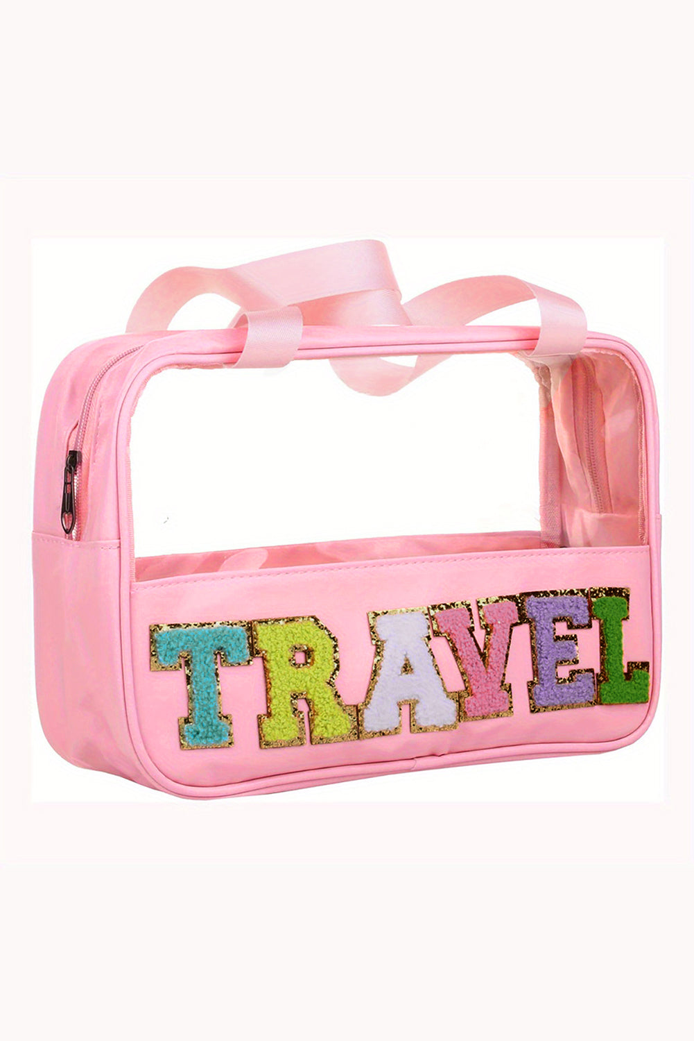 Bolsa de maquillaje de PVC transparente con letras de chenilla de TRAVEL negra