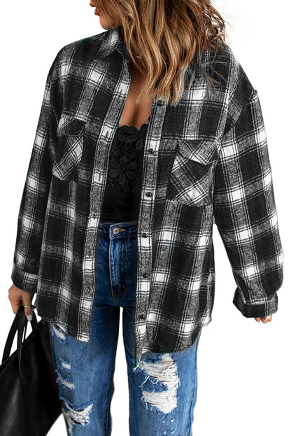 Button Up Collared Flannel Shirt Shacket with Flap Pockets