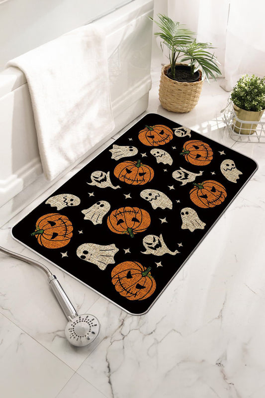 Black Halloween Pumpkin Ghost Print Doormat