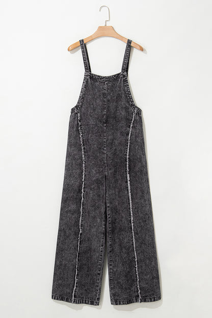 Blue Light Wash Frayed Exposed Seam Wide Leg Denim Overalls