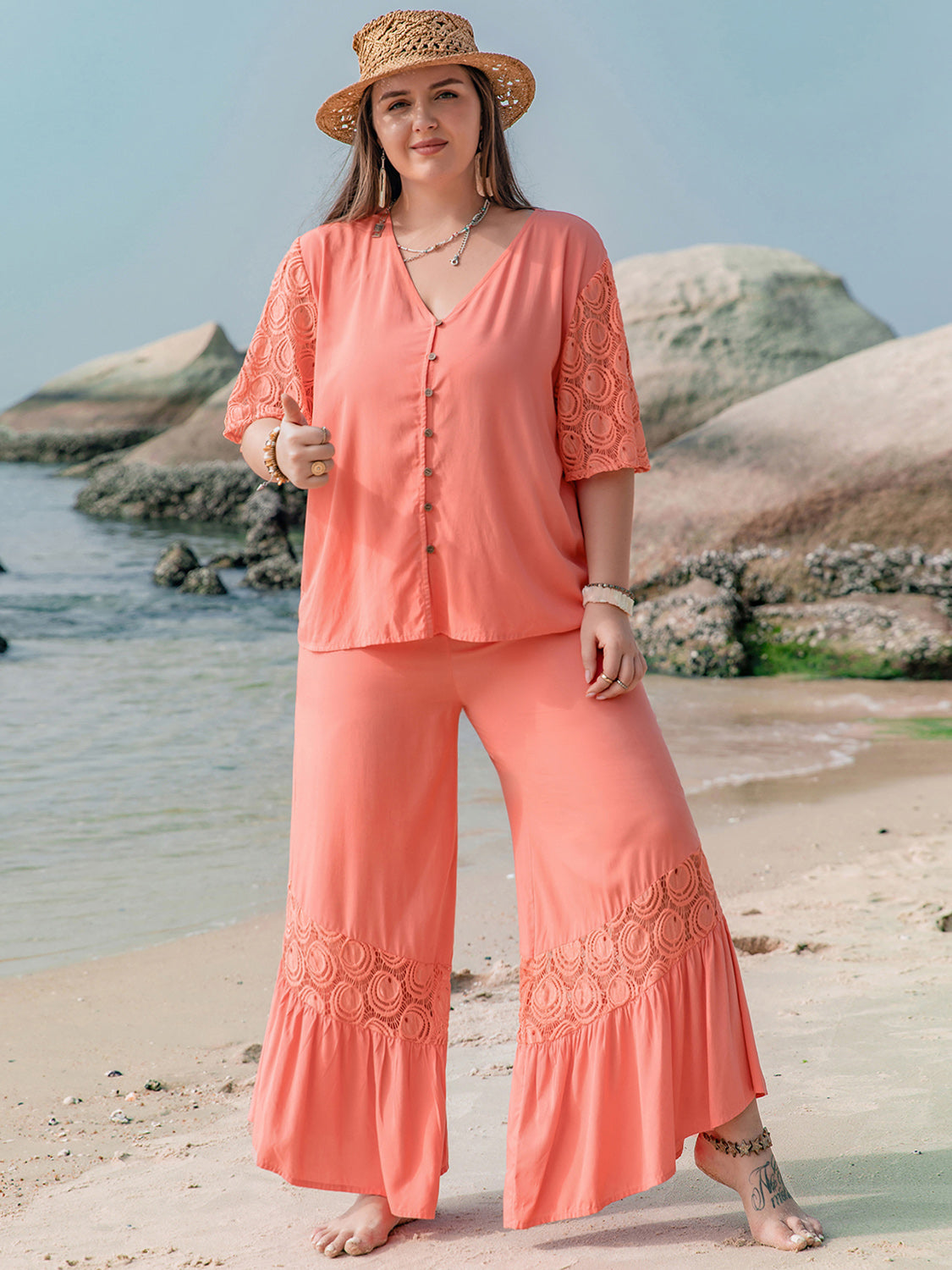 Plus Size Button Up Half Sleeve Top & Pants Set