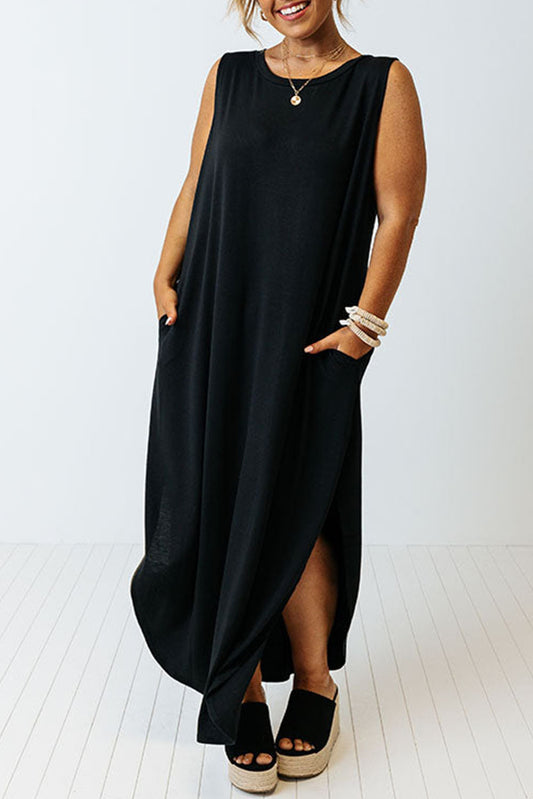 Black Plus Size Wide Sleeveless Shoulder Split Maxi Tank Dress