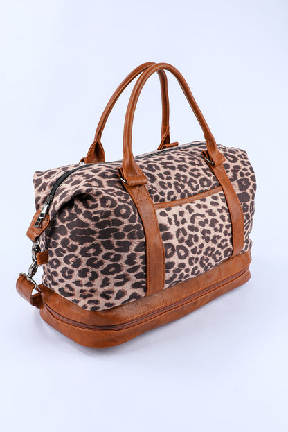 Bolso de lona grande con cremallera y patchwork de cuero PU de leopardo