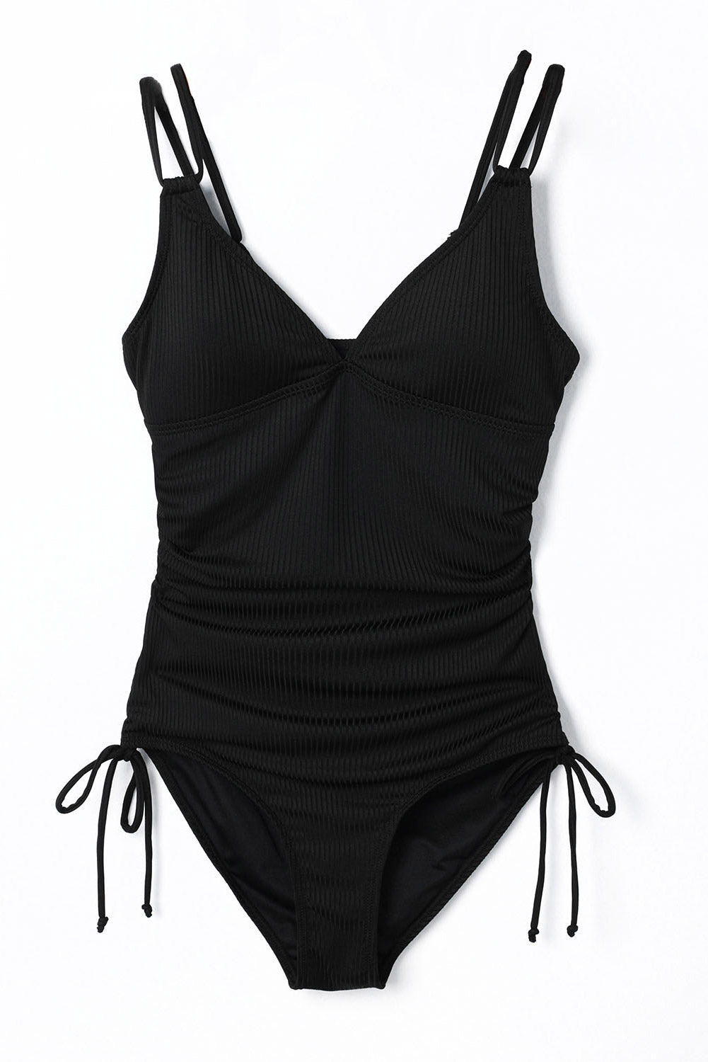 Black Adjustable Straps Ribbed Knit Backless One Piece Swimsuit