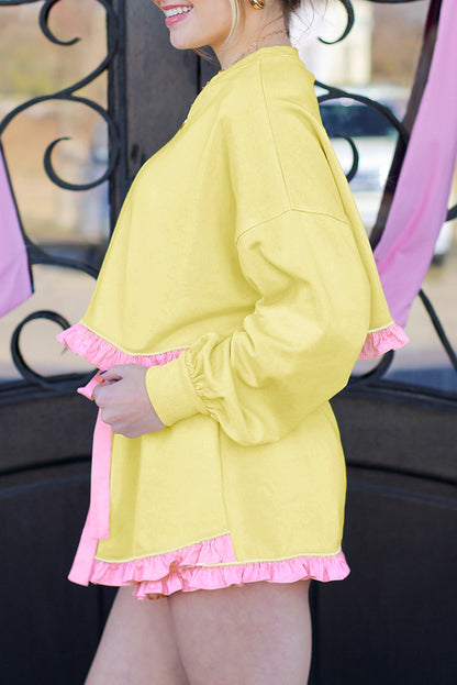 Yellow Contrast Ruffle Pullover Top and Shorts Plus Size Loungewear