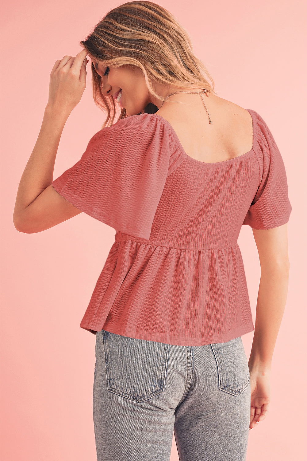 Oatmeal Shirred V Neck Short Flutter Sleeve Textured Blouse