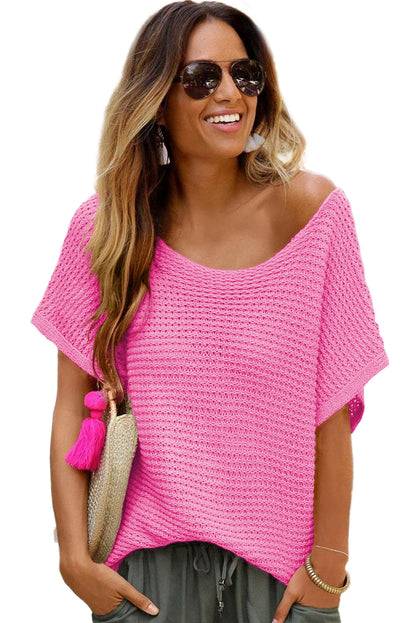 Pink Plain Knit Loose Batwing Sleeve Blouse