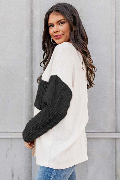 Long Sleeve Colorblock Chest Pocket Textured Knit Top