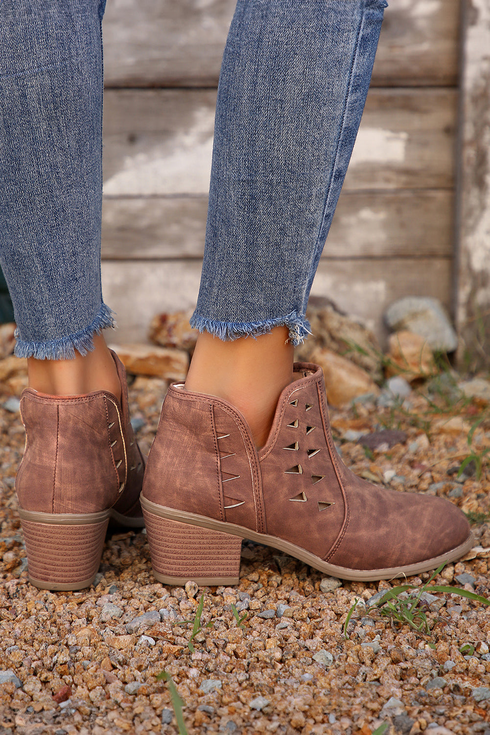 Cut Out Suede Pointed Toe Heeled Ankle Boots