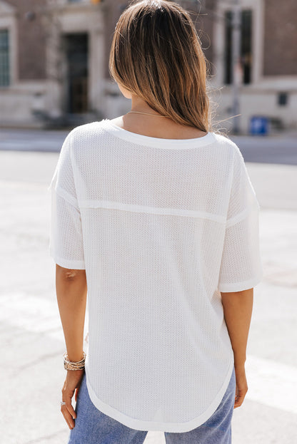 White Waffle Knit Casual Drop Shoulder Loose Top