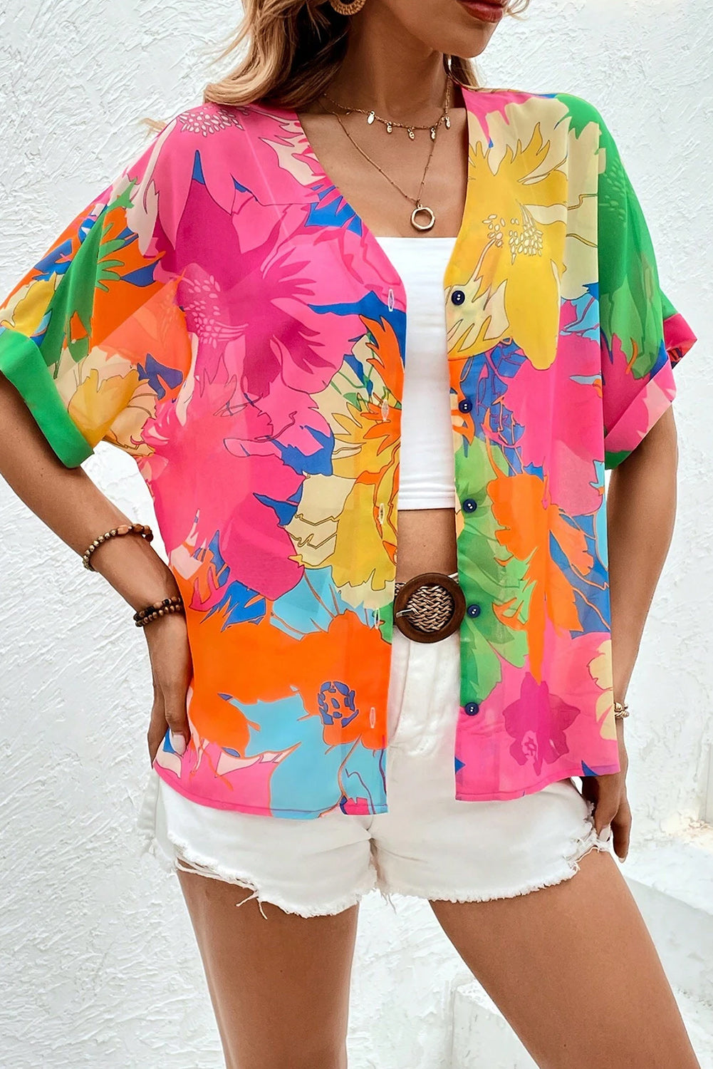 Top Dolman con cuello en V floral bohemio multicolor